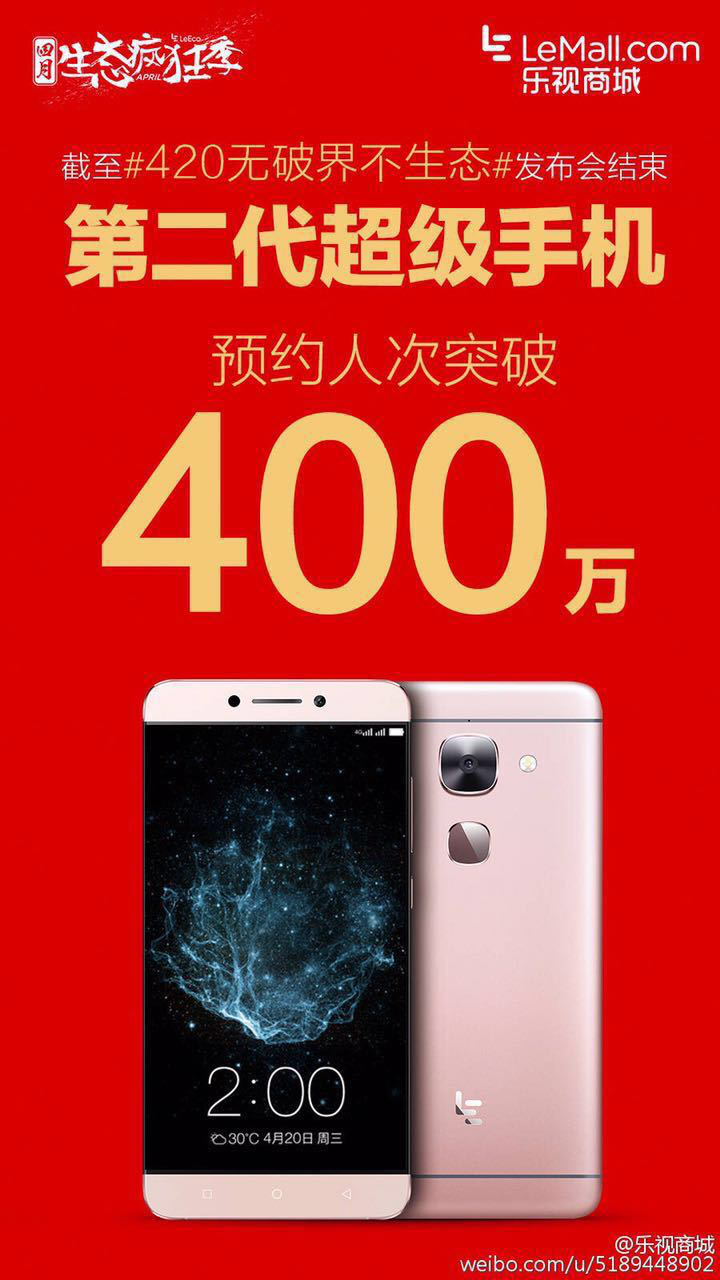 2300萬，第二代樂視超級手機(jī)創(chuàng)行業(yè)預(yù)約新紀(jì)錄