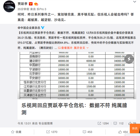 賈躍亭回應(yīng)平倉(cāng)危機(jī):樂視不會(huì)被擊垮 越被黑越堅(jiān)韌