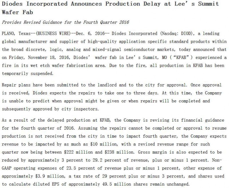Diodes美國(guó)晶圓廠發(fā)生火災(zāi)事故 或?qū)?dǎo)致全球二三極管大缺貨