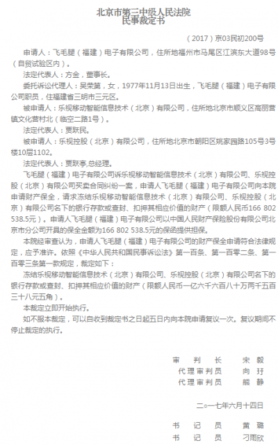 因手機(jī)業(yè)務(wù)拖欠1.67億元貨款 “樂(lè)視系”資產(chǎn)再被凍結(jié)