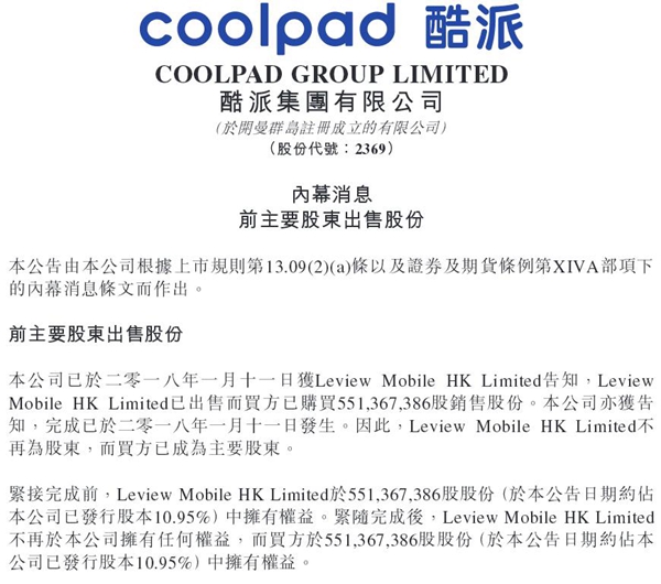 酷派集團(tuán):賈躍亭旗下公司出售5.51億股份,不再持股