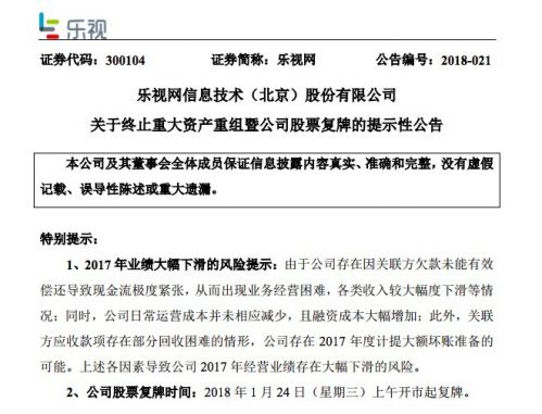 樂視網(wǎng)今日復牌：估值下跌超70% 或?qū)⑦B續(xù)跌停