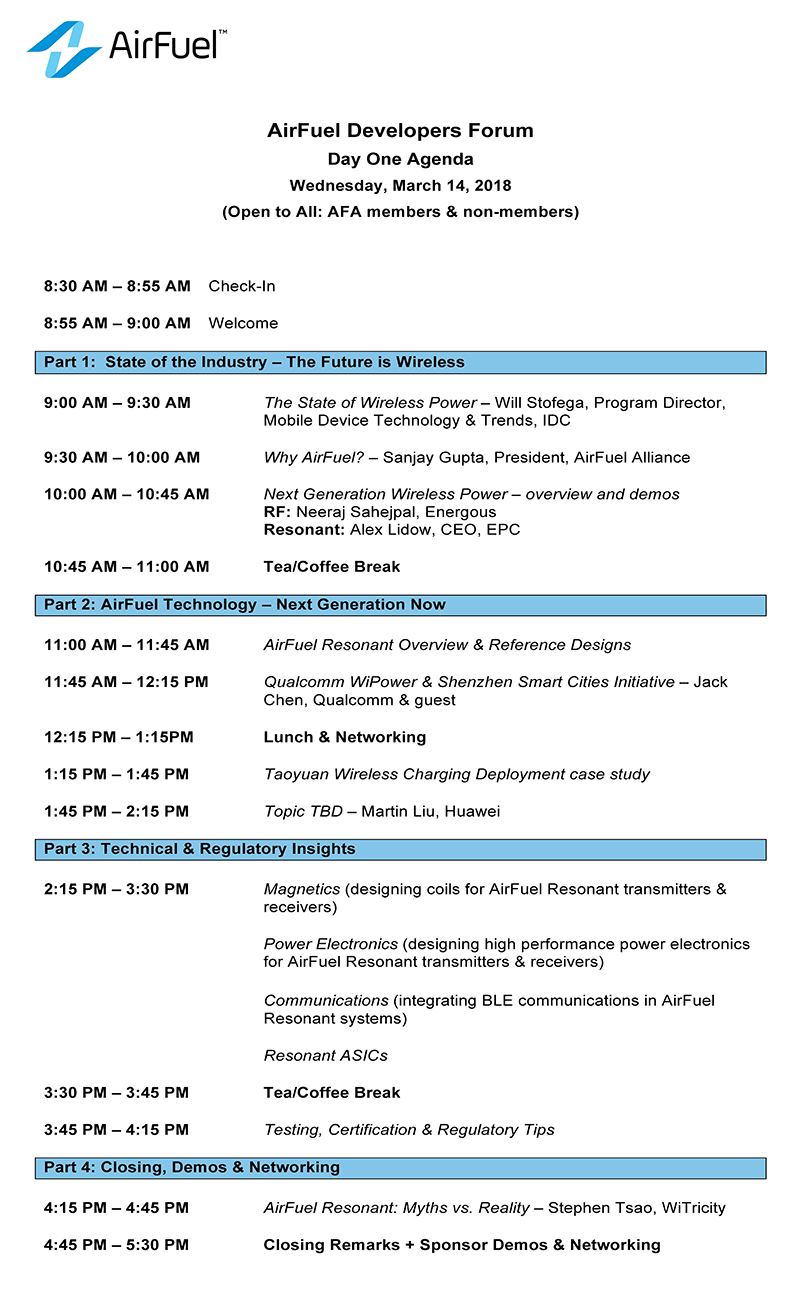 AirFuel無(wú)線充電大會(huì)暨開(kāi)發(fā)者論壇完整日程搶先出爐