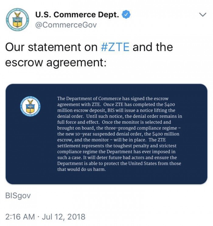 外媒:中興通訊已清除障礙 美國禁令即將解除