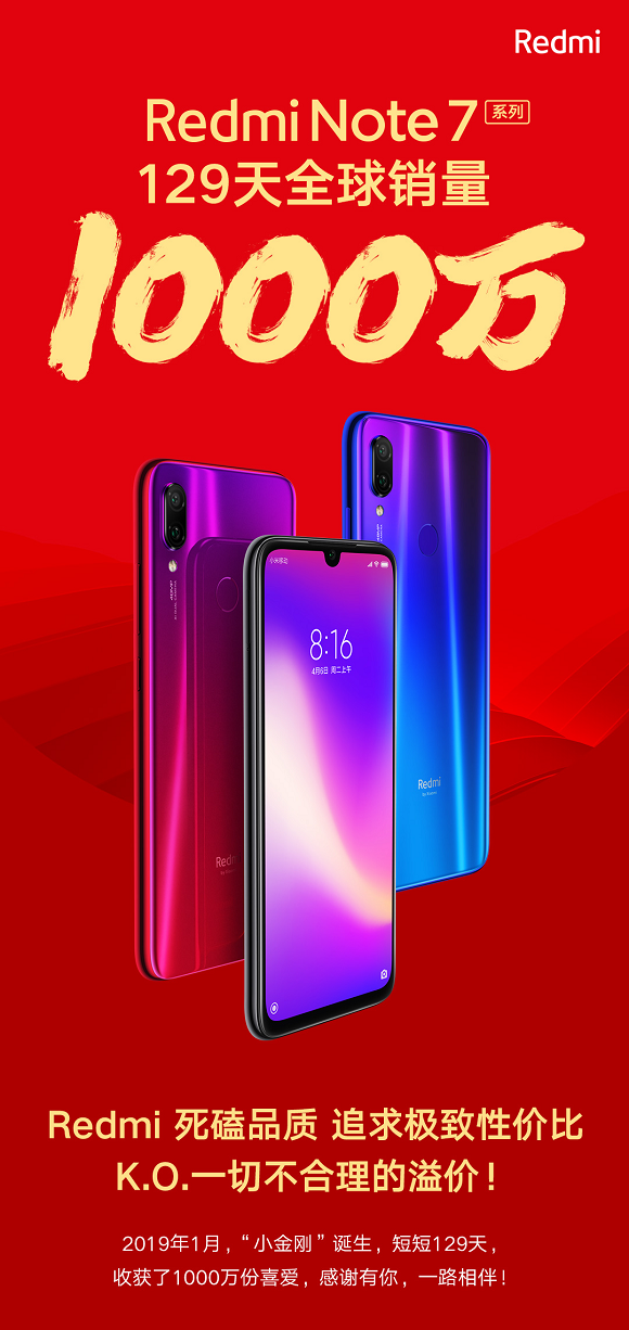 再次刷新紀(jì)錄！Redmi Note 7系列手機(jī)僅129天銷量破1000萬臺