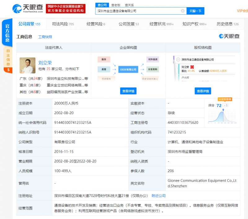 金立新增被執行人信息，執行標的超1.8億
