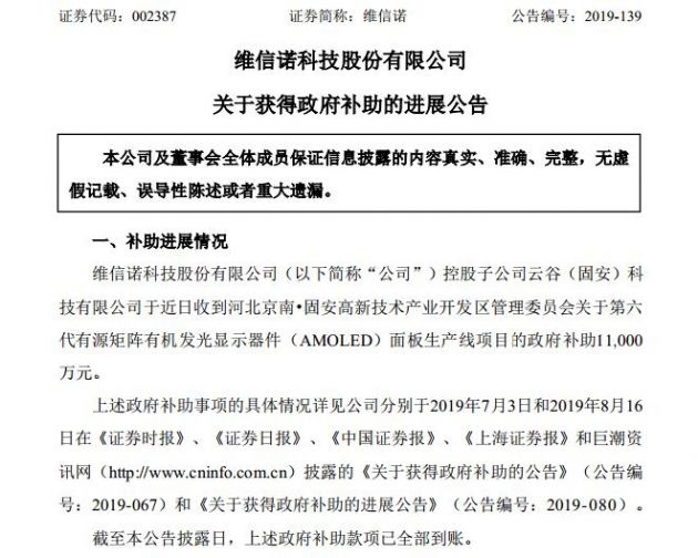 維信諾控股子公司獲得政府補(bǔ)助1.1億元